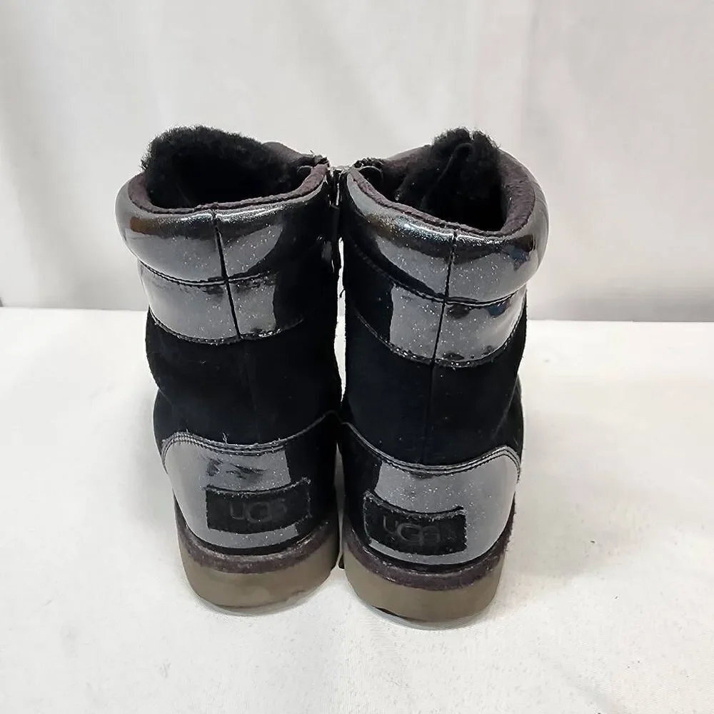UGG 1019703K  Viki Patent Leather Girls BLACK SHEEPSKIN Boots Size 4 winter